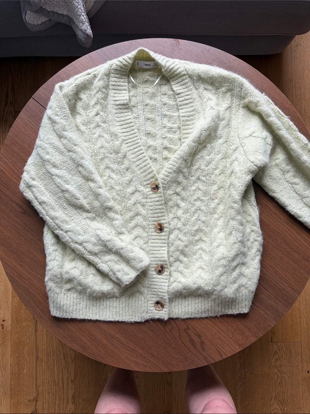 Mango Pale Sage Cream Cable-Knit Button Cardigan